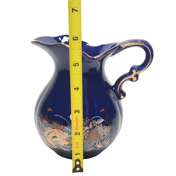 Vtg Cobalt Blue Pheasants & Gold Peony Pitcher & Basin Decorative Birds - Picture 8 of 12